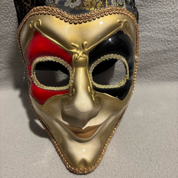 Full face Jester Joker Venetian Masquerade carnival mask wall decor gold 3 bells - Picture 2 of 8